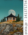 Small Finnish Wooden Cabin on a Rocky Hill with a Full Moon. Small Finnish Wooden Cabin on a Rocky Hill with a Full Moon. 141371734