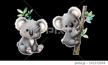 A charming collection of koala figures perched playfully on tree branches in illustrated form 141372044