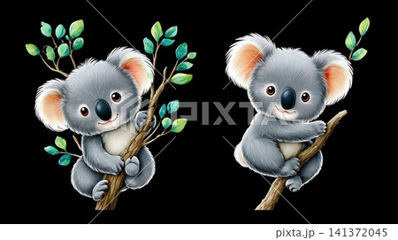 An adorable series of cartoon koalas sitting on wooden limbs, depicted as a cohesive illustration bundle 141372045