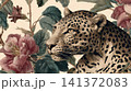 An old-world engraved illustration featuring a leopard nestled within a floral arrangement 141372083