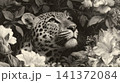 A retro-style etched depiction of a leopard surrounded by blooming botanical elements 141372084