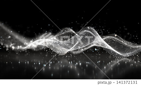 A futuristic digital soundwave with shining particle lights and metallic lines reflecting on dark floor 141372131