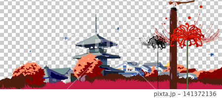 一幅描繪日本秋季景色的插圖,圖中有彼岸花和一座五層寶塔。 一幅描繪日本秋季景色的插圖,圖中有彼岸花和一座五層寶塔。 141372136