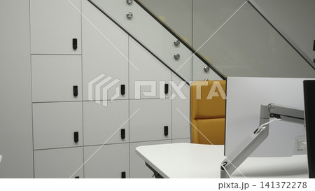 Charming White Finish Complements Functional Modular Lockers Beneath Staircase With Key Compartments. Creative Charming White Finish Complements Functional Modular Lockers Beneath Staircase With Key Compartments. Creative 141372278