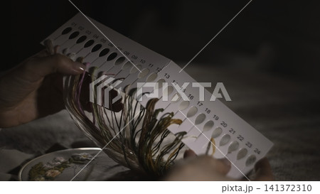 Artisan Examining Threads. Craftsperson Analyzing Colorful Embroidery Threads On Classic Surface. Media Artisan Examining Threads. Craftsperson Analyzing Colorful Embroidery Threads On Classic Surface. Media 141372310