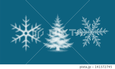 Merry Christmas. A set of winter objects in halftone: Christmas tree, snowflakes Not AI, vector illustration. 141372745