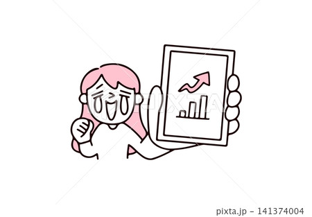 スマホの画面を見せて投資や株の成績が良いことを喜ぶ若い女性のイラスト スマホの画面を見せて投資や株の成績が良いことを喜ぶ若い女性のイラスト 141374004
