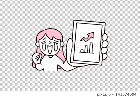 スマホの画面を見せて投資や株の成績が良いことを喜ぶ若い女性のイラスト スマホの画面を見せて投資や株の成績が良いことを喜ぶ若い女性のイラスト 141374004