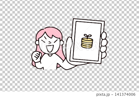 插圖描繪了一位年輕女子展示她的智慧型手機螢幕,以證明她的錢正在穩步增長。 插圖描繪了一位年輕女子展示她的智慧型手機螢幕,以證明她的錢正在穩步增長。 141374006