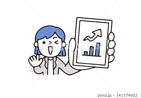 スマホの画面を見せて投資や株の成績が良いことを喜ぶ若いスーツの女性のイラスト スマホの画面を見せて投資や株の成績が良いことを喜ぶ若いスーツの女性のイラスト 141374082