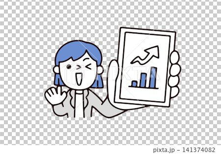 スマホの画面を見せて投資や株の成績が良いことを喜ぶ若いスーツの女性のイラスト スマホの画面を見せて投資や株の成績が良いことを喜ぶ若いスーツの女性のイラスト 141374082