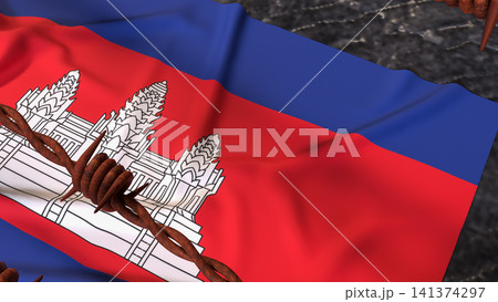 Cambodia Flag Behind Rusty Barbed Wire Border 3d Cambodia Flag Behind Rusty Barbed Wire Border 3d 141374297