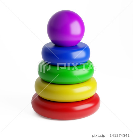 Colorful plastic stacking ring pyramid toy isolated on white, minimalist children educational element Colorful plastic stacking ring pyramid toy isolated on white, minimalist children educational element 141374541