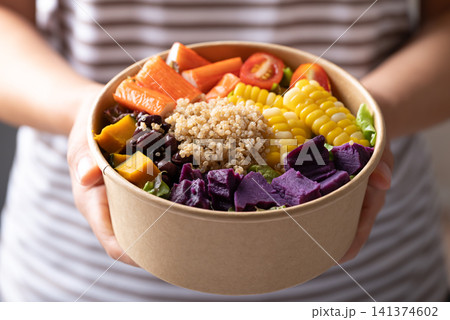 Salad lettuce, sweetcorn, crab stick, pumpkin, tomato, sweet potato, azuki bean and quinao seed Salad lettuce, sweetcorn, crab stick, pumpkin, tomato, sweet potato, azuki bean and quinao seed 141374602
