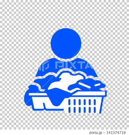A pictogram (blue) of a person carrying a laundry basket full of clothes. A pictogram (blue) of a person carrying a laundry basket full of clothes. 141374716