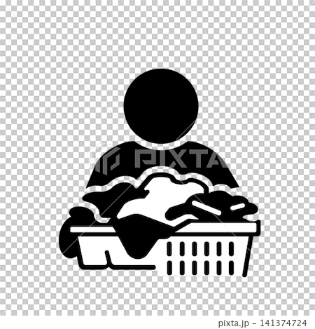 A pictogram (in black) of a person holding a laundry basket full of clothes. A pictogram (in black) of a person holding a laundry basket full of clothes. 141374724