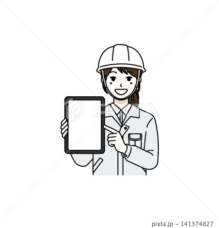 女性作業員 ヘルメット ホワイト作業服 タブレット表示 141374827