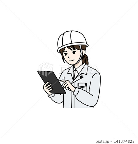 女性作業員 ヘルメット ホワイト作業服 タブレット操作 女性作業員 ヘルメット ホワイト作業服 タブレット操作 141374828