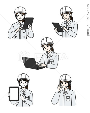 女性作業員 ヘルメット ホワイト作業服 IT5点セット 女性作業員 ヘルメット ホワイト作業服 IT5点セット 141374829