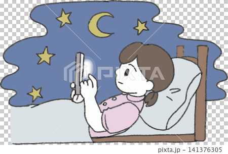 An illustration of a girl looking at her smartphone in bed at night (night owls, blue light, sleep deprivation, health effects, color) An illustration of a girl looking at her smartphone in bed at night (night owls, blue light, sleep deprivation, health effects, color) 141376305