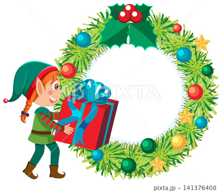 Cartoon Christmas Elf Carrying Gift Box Next to Festive Wreath Frame Cartoon Christmas Elf Carrying Gift Box Next to Festive Wreath Frame 141376408