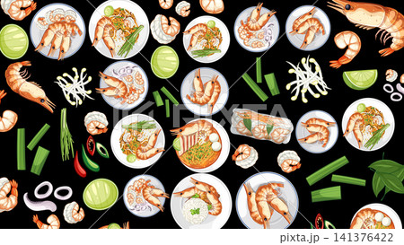 Thai Cuisine Vector Pattern with Shrimp and Rice Dishes 141376422