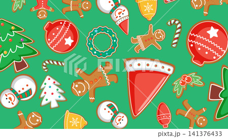 Colorful Holiday Gingerbread Cookies and Festive Ornaments Seamless Vector Illustration Pattern Colorful Holiday Gingerbread Cookies and Festive Ornaments Seamless Vector Illustration Pattern 141376433