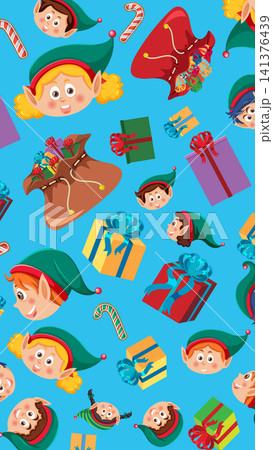 Cartoon Christmas Pattern with Elves Gift Boxes and Holiday Sacks Cartoon Christmas Pattern with Elves Gift Boxes and Holiday Sacks 141376439