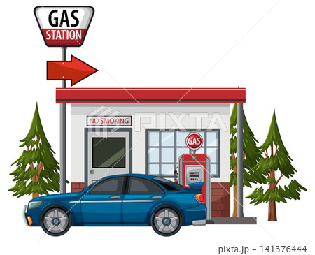 Blue Sedan Refueling at Roadside Gas Station Illustration Blue Sedan Refueling at Roadside Gas Station Illustration 141376444