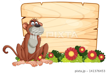 Cartoon Monkey Sitting Beside Wooden Sign in Garden 141376453