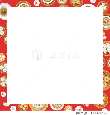 Chinese Dim Sum and Dumplings Vector Frame with White Copy Space Chinese Dim Sum and Dumplings Vector Frame with White Copy Space 141376475