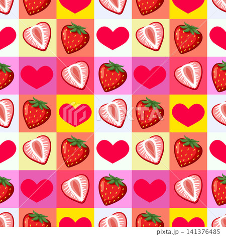 Seamless Vector Pattern with Strawberries and Hearts on Checkered Background Seamless Vector Pattern with Strawberries and Hearts on Checkered Background 141376485