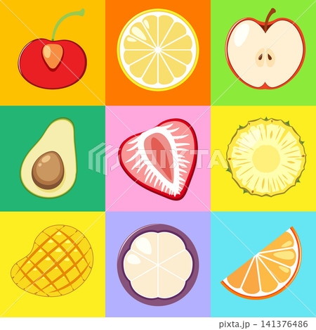 Colorful Flat Vector Illustration of Various Sliced Fruit Cross Sections 141376486