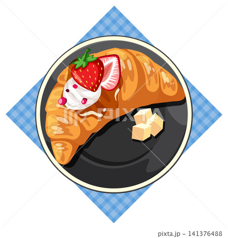 Croissant with Whipped Cream, Strawberry, and Sugar Cubes on Plate Croissant with Whipped Cream, Strawberry, and Sugar Cubes on Plate 141376488