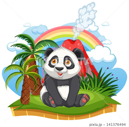 Cartoon Giant Panda Sitting on Tropical Island with Volcano and Rainbow Cartoon Giant Panda Sitting on Tropical Island with Volcano and Rainbow 141376494