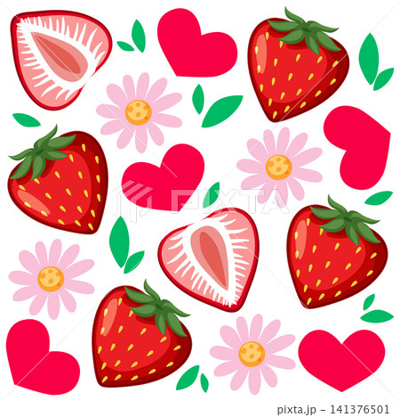 Seamless Vector Pattern with Strawberries Pink Flowers and Red Hearts Seamless Vector Pattern with Strawberries Pink Flowers and Red Hearts 141376501