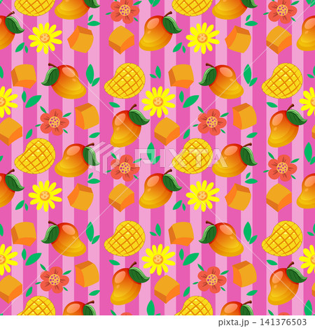 Seamless Vector Pattern with Mangoes and Flowers on Pink Stripes Seamless Vector Pattern with Mangoes and Flowers on Pink Stripes 141376503