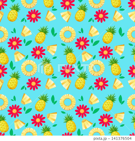 Seamless Tropical Pattern with Pineapples and Red Flowers on Blue Seamless Tropical Pattern with Pineapples and Red Flowers on Blue 141376504