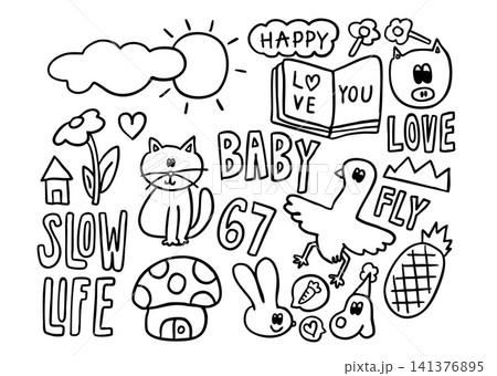 Vector outlines for kid colouring book and painting including sun and cloud, flower and leaf, mushroom home, duck, notebook, pig, cat, pineapple, grass, bunny, puppy, LOVE letters	 141376895