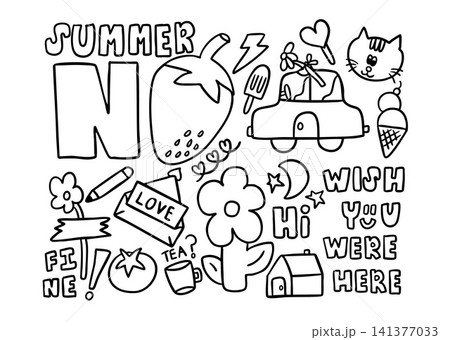 Vector outlines of kid drawing elements such as SUMMER letters, car, heart candy, ice cream, thunder storm, flower and leaf, pencil, love envelope, tomato, house, wish you were here for colouring book Vector outlines of kid drawing elements such as SUMMER letters, car, heart candy, ice cream, thunder storm, flower and leaf, pencil, love envelope, tomato, house, wish you were here for colouring book 141377033