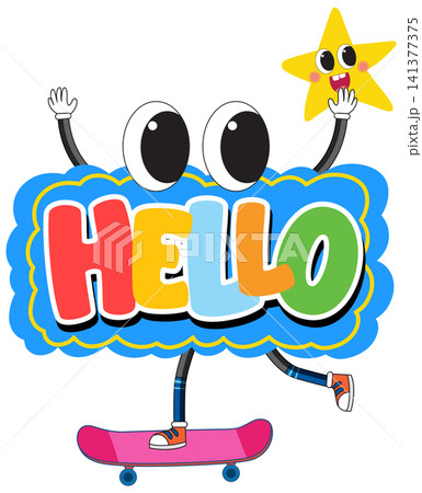 Retro Y2K Hello Typography Character Riding a Skateboard with Star Retro Y2K Hello Typography Character Riding a Skateboard with Star 141377375