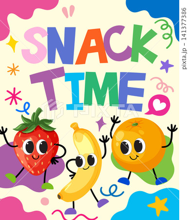 Colorful Retro Vector Illustration of Playful Fruit Characters with Snack Time Text Colorful Retro Vector Illustration of Playful Fruit Characters with Snack Time Text 141377386