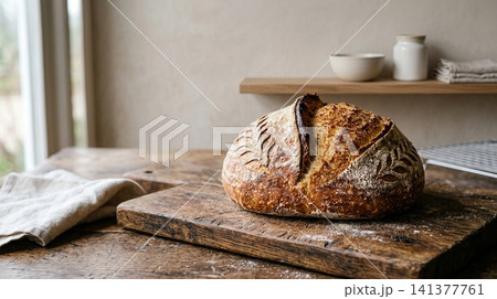 Single artisanal sourdough bread loaf with flour patterns on wood table sourdough homemade breakfast traditional interior culinary delicious nutrition handmade Single artisanal sourdough bread loaf with flour patterns on wood table sourdough homemade breakfast traditional interior culinary delicious nutrition handmade 141377761