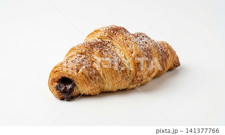 Fresh chocolate croissant topped with sugar on white background croissant chocolate breakfast isolated background delicious culinary appetizing delicacy confectionery handmade 141377766
