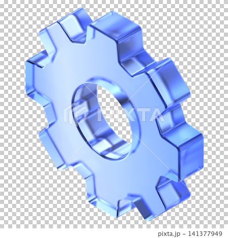 Glassmorphism gear icon in isometric view featuring transparent blue glossy finish. Translucent industrial cog design element suited Glassmorphism gear icon in isometric view featuring transparent blue glossy finish. Translucent industrial cog design element suited 141377949