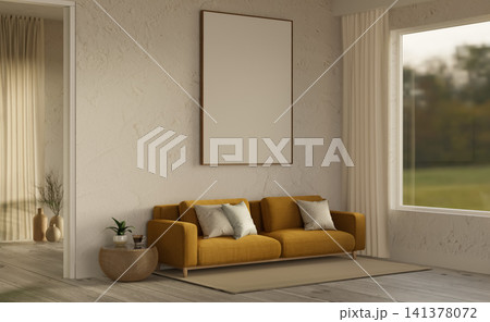 Mustard yellow sofa with blank poster frame on plaster wall. Mustard yellow sofa with blank poster frame on plaster wall. 141378072