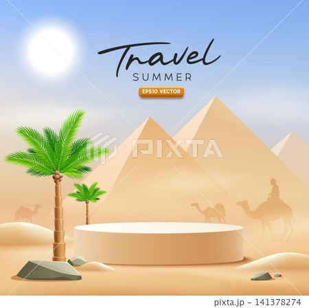 Summer podium desert, travel holiday palm tree, camel, pyramid, on sand desert, the sun shines poster design Summer podium desert, travel holiday palm tree, camel, pyramid, on sand desert, the sun shines poster design 141378274