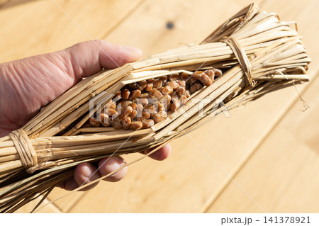 稲わらに包まれた発酵食品の納豆(ワラツト)を持つ男性 稲わらに包まれた発酵食品の納豆(ワラツト)を持つ男性 141378921