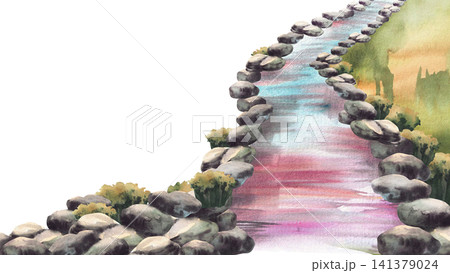 Winding river or Eastern stream bordered by grey stones. Hand drawn watercolor. Japanese garden style creek with blue, pink reflections. Isolated from background illustration for zen, spa and wellness Winding river or Eastern stream bordered by grey stones. Hand drawn watercolor. Japanese garden style creek with blue, pink reflections. Isolated from background illustration for zen, spa and wellness 141379024