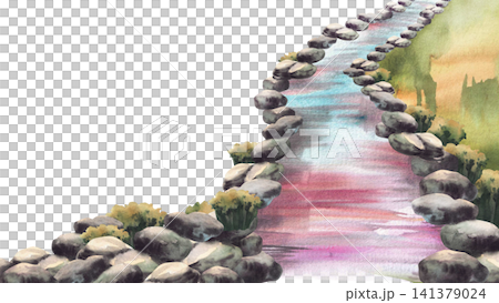 Winding river or Eastern stream bordered by grey stones. Hand drawn watercolor. Japanese garden style creek with blue, pink reflections. Isolated from background illustration for zen, spa and wellness Winding river or Eastern stream bordered by grey stones. Hand drawn watercolor. Japanese garden style creek with blue, pink reflections. Isolated from background illustration for zen, spa and wellness 141379024